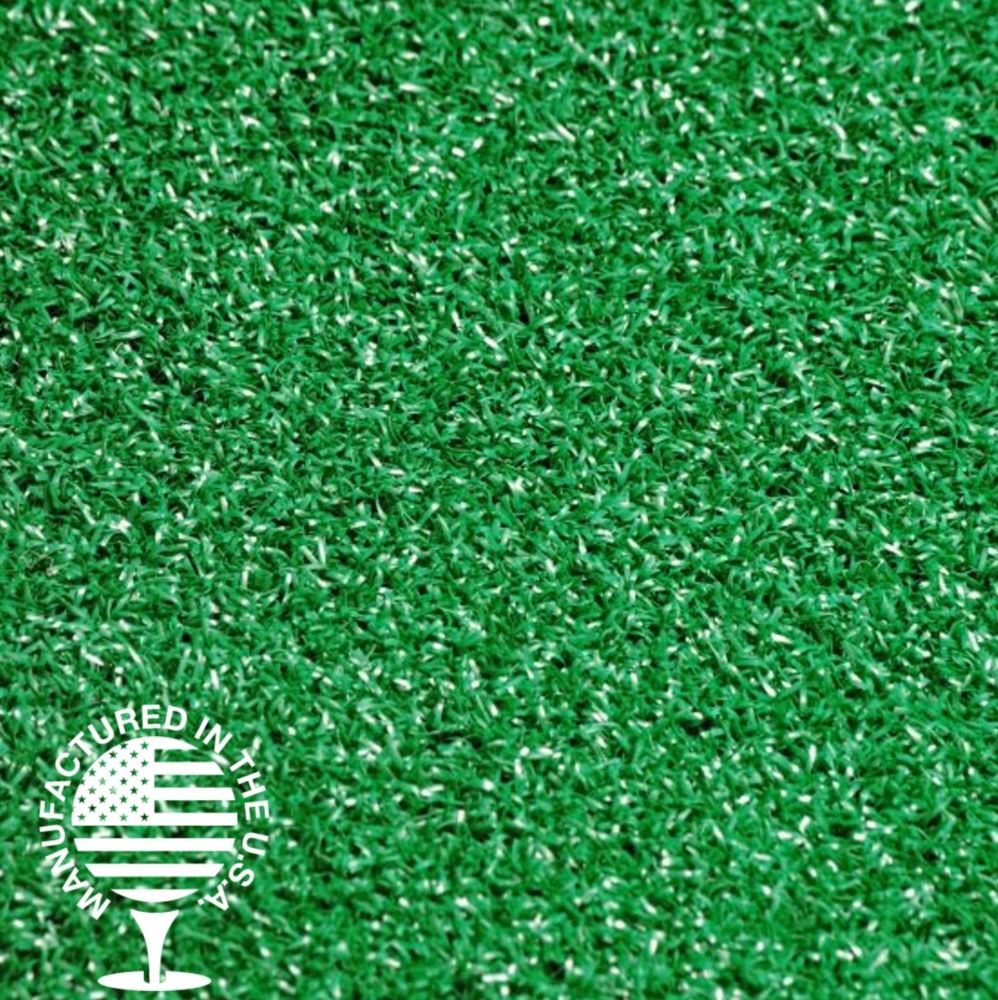 A close up shot of artificial turf that is bright green with a made in the usa logo A close up shot of artificial turf that is bright green with a made in the usa logo